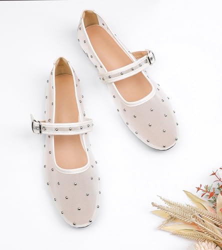 Image of Mesh Ballet Flats Shoes for Women Comfortable Studded Mary Jane Shoes Ballerina Buckle Strap Business Office Work Dress Shoes