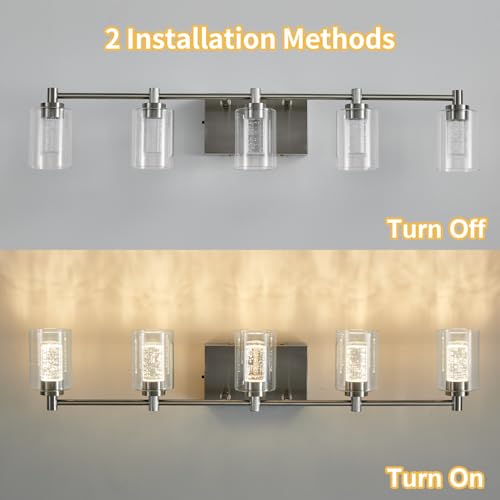 Image of 5-Light Brushed Nickel Vanity Lights,Bathroom Vanity Light Fixtures, Dimmable White /Neutral /Warm Light Brushed Nickel Light Fixtures with Clear Glass Shade for Bedroom, Living Room Hallway Lighting