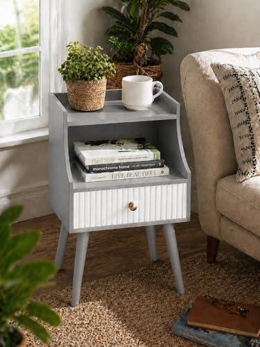 Image of ETIQUETTE ART Modern Fluted Nightstand with Drawer and Open Storage Shelf, Bedside Table with Round Edge, Boho Night Stand with Solid Wood Legs & Knob Handle End Table for Bedroom (Grey & White)