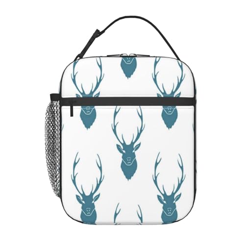 ポータブル断熱ランチバッグ。防水性と漏れ防止性を備え、スタイリッシュで丈夫。仕事、学校、アウトドア活動に最適。男性にも女性にも適しています。(ブルーの抽象的な鹿のシルエット、動物の角、赤ちゃん、美しいブラック)