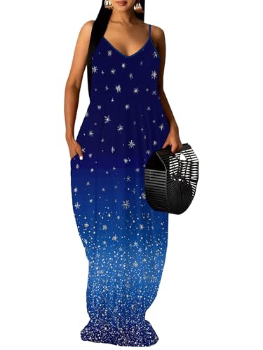Image of Women Spaghetti Strap Maxi Dress with Pockets | Soft fabric relaxed fit sleeveless v neck with pockets for party and daily wear
