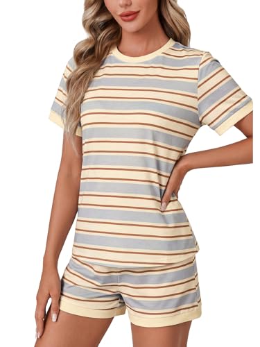 Image of LYANER Pajama Set for Women 2 Piece Lounge Set Striped Crew neck Short Sleeve Tops and Shorts Soft Sleepwear