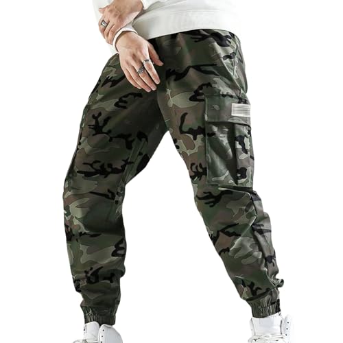 Mens Camo Cargo Pants Regular Fit Workout Pants Elastic Waist Drawstring Sweatpants Loose Fashion Hiking Sweatpants