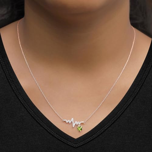 Heart & Round Cut Simulated Birthstone & White Cubic Zirconia Heartbeat & Heart Pendant Necklace Along with 18" Silver Chain for Women in 14k Gold Over Sterling Silver3