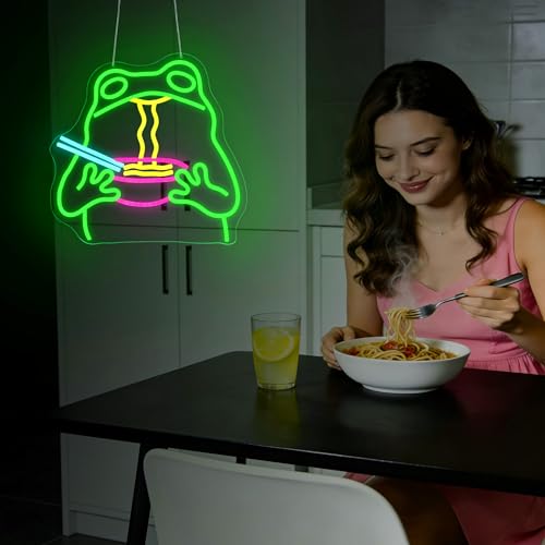 Image of Neon Sign, JGHTURIE Frog Dimmable Neon Signs for Wall Decor, Cute Funny Frog Ramen Light up Led Sign for Room, Kitchen, Shop, Bar, Birthday, Party & Home Decor - USB Powered