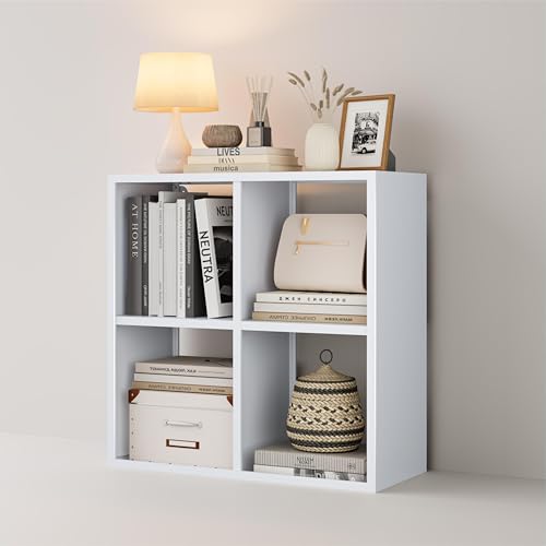 Image of VASAAOSD 4 Cube Storage Organizer - Metal Bookshelf, White Cube Shelf, Deep Cube Shelving with Corner Protector, Stackable Design Bookcase for Living Room, Bedroom, Office, Entryway
