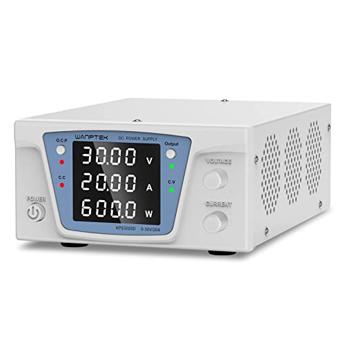 Fuente de alimentación regulable CC 0-30V/0-20A,fuente de alimentación laboratorio con botón OUTPUT, pantalla digital LED de 4 dígitos con alta precisión,ajuste de codificador