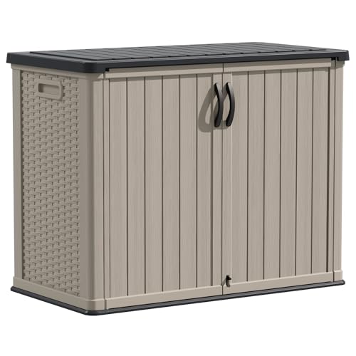 Devoko Outdoor Storage Cabinet 26 Cu Ft with Pad-Lockable Doors, Horizontal Storage Shed Waterproof Patio Tools Storage Box for Sofa Cushions, Gardening Tools and Accessories (Beige)