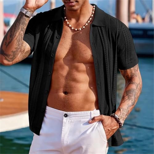 Men’S Slim Fit Hollow Out Textured Knitted Polo Cardigan Short Sleeve Retro Button-Down Top Tee4