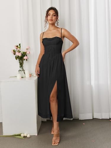 Image of Summer Lace Midi Dress Spaghetti Strap Flowy A Line Slit Swing Dresses Sundresses for Women 2024 Casual Beach Vacation