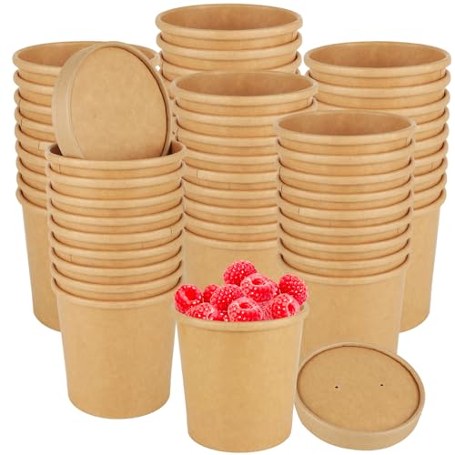 GBACHOOSE 100 Pcs Brown Kraft Disposable Soup Cups Containers with Lids, 12oz (350ml) Paper Soup Bowls Takeaway Tubs for Ice Cream Hot Soup（50pcs Cups and 50pcs lids）