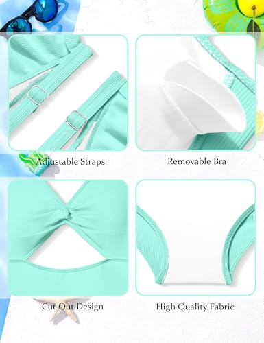 Image of Girls One Piece Swimsuit Cut Out Ruffle Bathing Suit Twist V Neck Swimwear Solid Color with Cover Up Skirt 9-16T