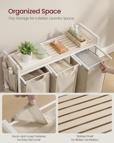 Image of VASAGLE Laundry Hamper with Shelf, 3 Pull-Out Bags, 3 x 10.6 Gallons (40 L)