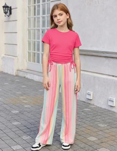 Image of Arshiner Girls 2 Piece Outfit Ruched Drawstring Tops and Wide Leg Pants Set