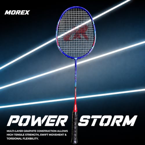 Image of Morex Carbon Graphite Badminton Racket with Full Cover Bag | Durable Carbon Shaft & Curve Frame for Better Sweet Spot & Smash Power | Ideal for Beginners & Advanced Players (Blue & Red)