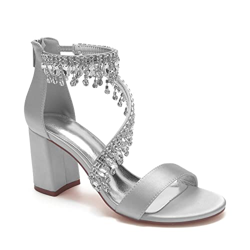 Hyinlays Women's Chunky Block Heels Crystal High Heel Pump Sandals Ankle Strap Wedding Shoes Prom Evening Pumps Silver US8.5