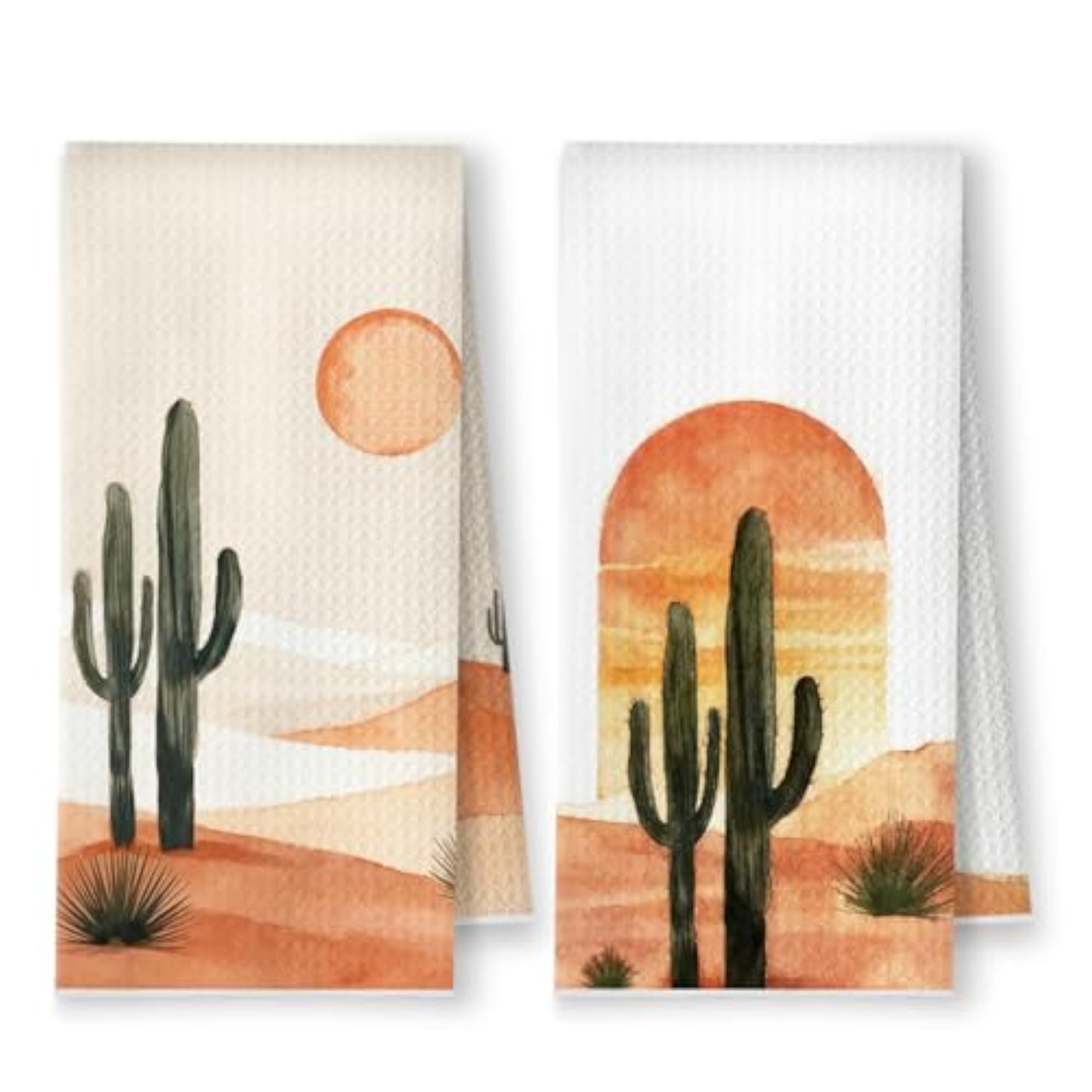 Boho Western Cactus Kitchen Towels, Abstract Sun Cactus Dish Towels