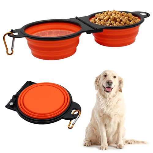 Comedero Plegable Portátil para Perros, 2 en 1 Cuenco Plegable de Silicona para Perros Bowl para Alimentar Mascotas con Lazo para Colgar para Paseos, Senderismo y Camping