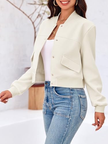 Image of Tankaneo Womens Cropped Bomber Jackets Casual Button Down Long Sleeve Stand Collar Varsity Shacket Coats