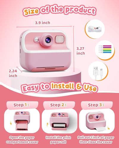 DUDUDRAGON Kids Instant Print Camera w/ Dual Selfie Lens, 1080P Video, 32GB SD Card & 3-Roll Print Paper (Pink) (Blue) - image 8