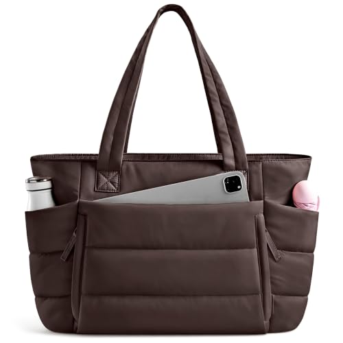 Tote Bag for Women with Zipper Quilted Puffer Tote Bag with Compartments Lightweight Puffy Work Bags for Women Travel (Dark Brown)