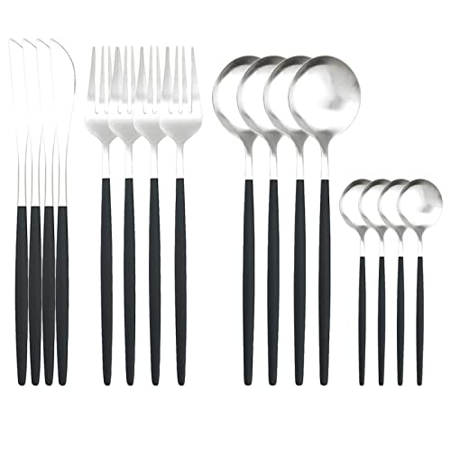 Juego De Cubiertos De 16 Piezas, Cuchillo, Tenedor, Cucharas De Café, Juego De Vajilla, Vajilla De Acero Inoxidable,Negro Plata