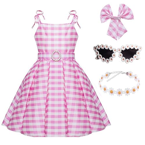 VNNOPG Disfraz de princesa para niña, disfraz de película, vestido de cosplay, vestido a cuadros rosa, trajes para niños, Halloween con accesorios(140)
