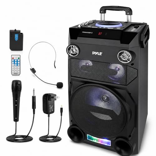 Pyle Outdoor Portable Wireless Bluetooth Karaoke PA Loud speaker - 8'' Subwoofer Sound System with DJ Lights, Rechargeable Battery, FM Radio, USB / Micro SD Reader, Microphone, Remote - PWMA335BT