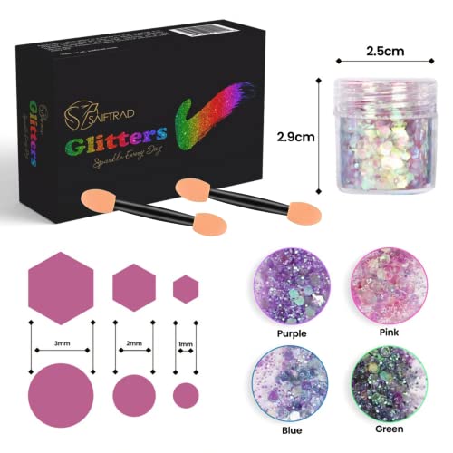 Saiftrad Nail Glitter - 8 Jars Holographic Iridescent Mermaid Hexagon Shiny Chunky Flakes Sequins Paillette For Body, Face, Eyes, Hair, Nail Art & Diy (Blue,Green,Pink,Purple) #TOP1