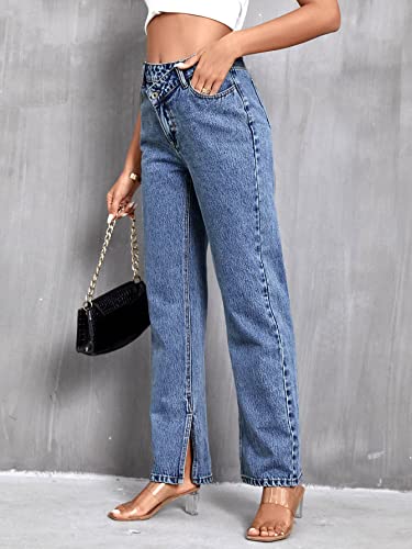 SweatyRocks Women's High Waisted Straight Leg Long Jeans Asymmetrical Waist Denim Pants Split Hem Blue S4