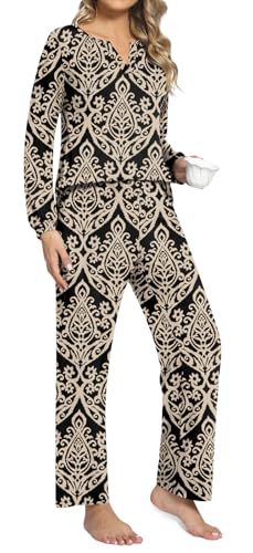 Anyally Women's Plus Size Pajama Sets Ladies Fall Pjs 2 Pieces Lounge Outfits V Neck Long Sleeves Sleepwear with Pockets3