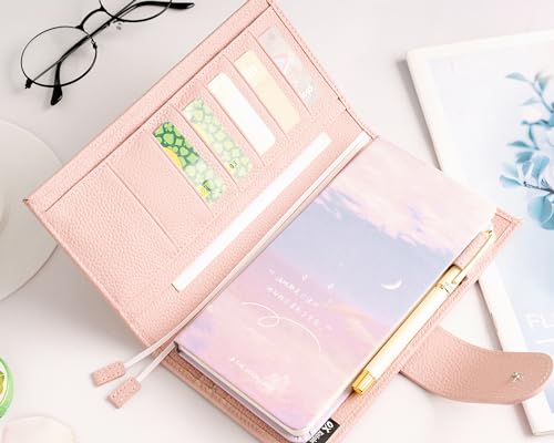 Image of Genuine Leather Planner Cover for Hobonichi Weeks /Weeks Mega with Pen Loop, Card Slots, Back Pocket, and Bookmarks (Pink)
