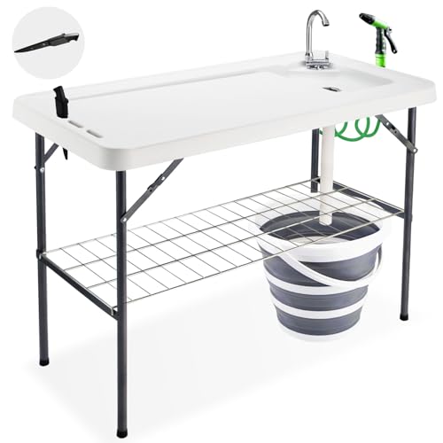 Avocahom Folding Fish Cleaning Table with Collapsible Bucket, Portable Outdoor Fillet Station Camping Sink Table with Faucet, Drainage Hose & Sprayer, Grid Rack, Knife Groove for Picnic Fishing