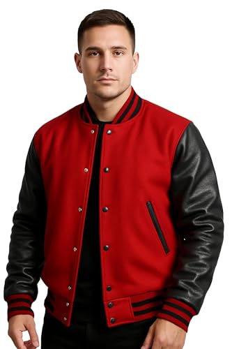 e Genius Blousons Letterman en cuir pour homme - Veste de baseball universitaire Bomber en laine pour lycée, rouge/noir, S