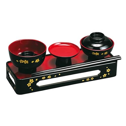 サンメニー 仏膳セット 仏壇 用 お供え膳 山中漆器 日本製 お霊供膳 お供え膳セット 略式仏膳 国産 仏具 仏膳器 仏膳台 現代仏壇 仏具小物 7.5寸 黒(内朱) 蒔絵 桜 毎日のお供え お参りに 手元供養 ペット 供養 小さな スペース にも 飯碗
