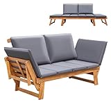 Greesum Patio Convertible Couch Sofa Bed with Adjustable Armrest, Acacia Wood Outdoor Daybed with Cushion & Pillow, Folding Chaise Lounge Bench for Porch Courtyard Poolside,Gray
