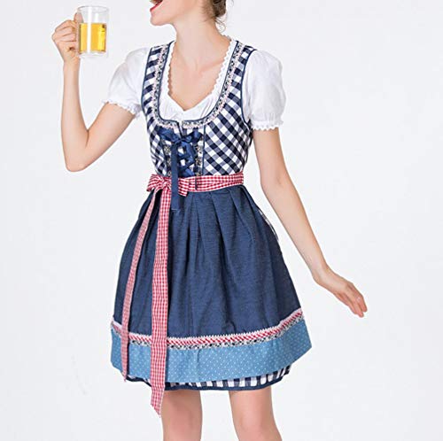 TOPUNDER Women Bandage Apron Bavarian Oktoberfest Costumes Barmaid Dirndl Dress Blue
