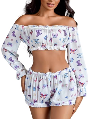 Avidlove Lingerie Sets for Women Sexy Long Sleeve Off Shoulder Ruffle Bra and Panty Set Color Butterfly Large