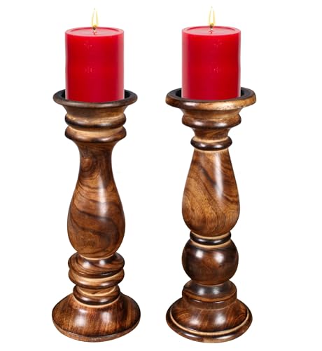 Set of 2 Tall Wooden Candle Holders (12"x4.5") in Rustic