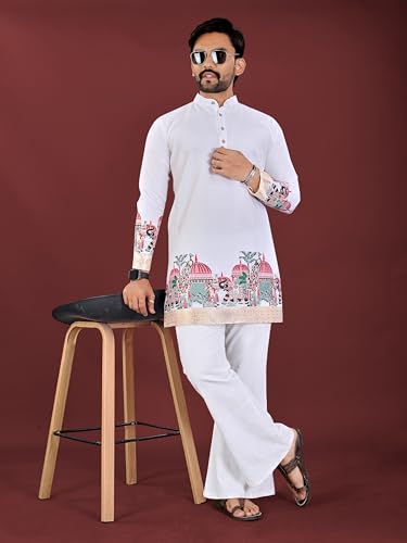 Image of Men's Cotton Silk Kurta with Jacquard Work Full Sleeves Floral Printed Side Slit and Mandarin Collar Neck | Kurta Pajama Set for Men Cotton Wedding | Short Kurta for Men