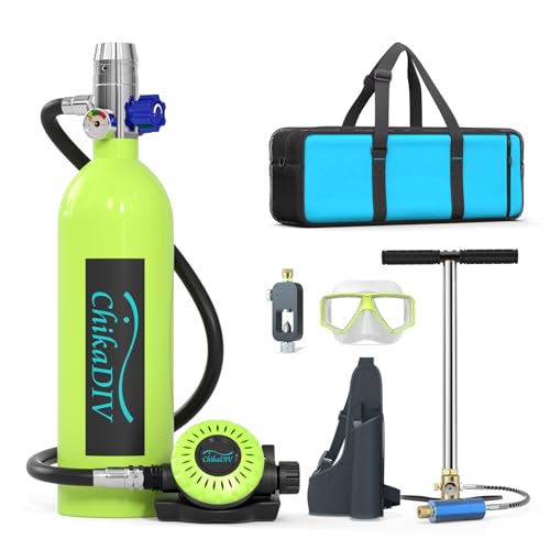 CHIKADIV Scuba Tank Diving Gear 1L Mini Scuba Tank Portable Lung Tank with Pump,Lung Kits for Underwater Exploration, Breathing Training C5 Green