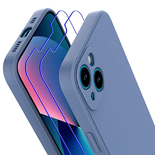Losvick Coque pour iPhone 13 Silicone Liquide + 2 Verre trempé Protection écran +1 X Support Téléphone, Coque de Téléphone iPhone 13 6.1" Antichoc Anti-Rayure Housse Etui Ultra Fine - Bleu Ciel Cover