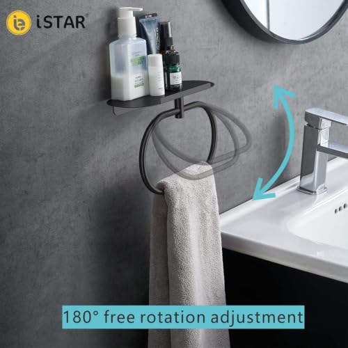 Image of Bathroom Towel Ring with Shelf, 304 Stainless Steel Towel Holder for Bathroom Wall Mount, Self Adhesive or Drill Installation, Rustproof Hand Towel Ring (Black)