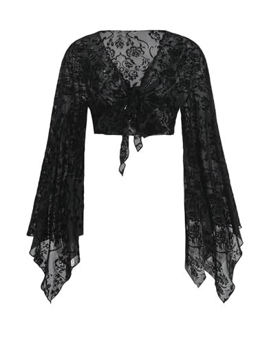 SHENHE Women's Plus Size Floral Mesh Deep V Neck Bell Sleeve Tie Front Sexy Goth Crop Top