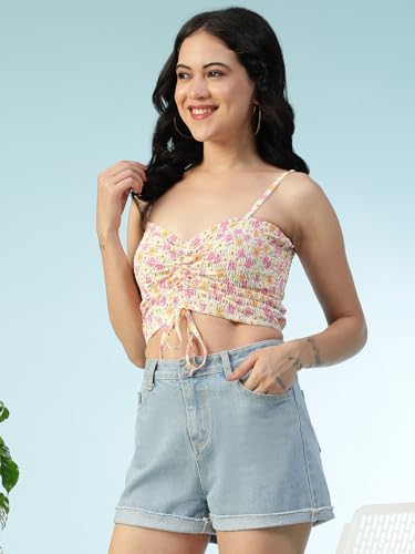 Image of oxolloxo Women Satin Chiffon Print V-Neck Smocked Shoulder Strap Sleeveless Tie-Up Detail Crop Top