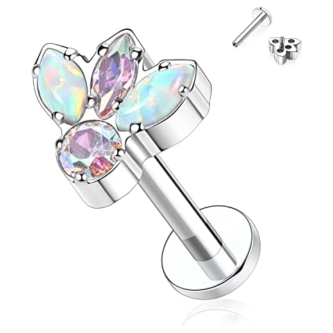 FUNLMO G23 Titanium Labret Studs 16G Lip Piercing Internally Threaded Medusa Ring Cartilage Monroe Piercing Jewelry, Opal,Titanium,Zircon, opal & cube zirconia Cover