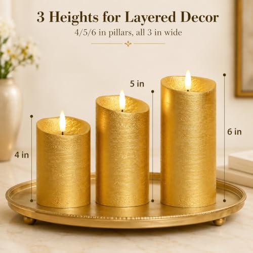 Image of Gold Flameless Candles with Remote Set of 3 Christmas Decor | 3 Inch Diameter, 4 5 6 Inch Heights, Real Wax, 3D Flicker, 8 Key Remote, Timer, 2 AA Each