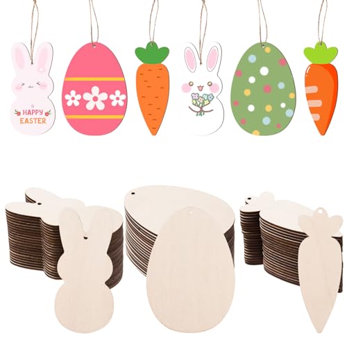 AWIZOM 72 Pcs Easter WoodeCutouts Unfinished Wooden Bunny Carrot Egg Ornaments Blank Wooden Easter Cutouts to Paint Wood Spring Slices with Twine for DIY Crafts Tags Spring Hanging Decoration