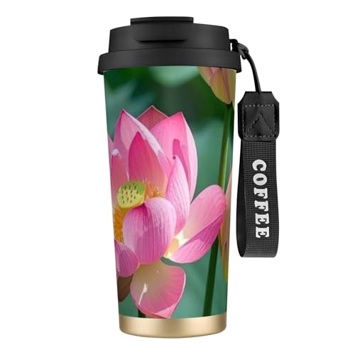 ハスの花 コーヒーカップ 500ml真空断熱マグボトル 保温 保冷 多重構造 大容量 直飲み ストロー付き洗いやすい アウトドア 漏れ防止 サーモス水筒 食品グレードステンレス316 男女兼用 車用 父の日、母の日ギフト 外出、自宅、オフィス使用