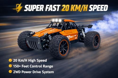 Image of TEC TAVAKKAL Premium RC Metal Off-Road Car with Mist Spray | Rechargeable 2WD | 20 km /h Speed | Type-C Charging | Gun Remote | 150+ Feet Range (Orange)
